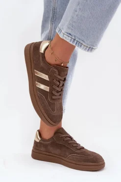 Sneakersy Damskie Zamszowe Na Platformie Brązowe Sylviona