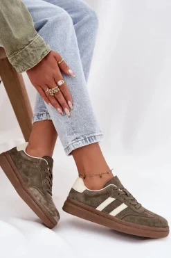 Sneakersy Damskie Zamszowe Na Platformie Ciemnozielone Sylviona