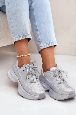 Sneakersy Damskie Zdobione Cyrkoniami Srebrne Porrot