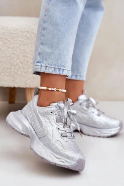 Sneakersy Damskie Zdobione Cyrkoniami Srebrne Porrot