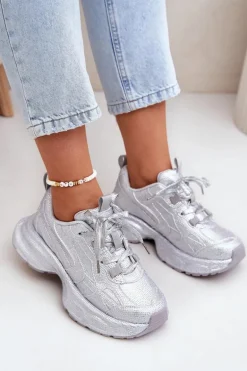 Sneakersy Damskie Zdobione Cyrkoniami Srebrne Porrot