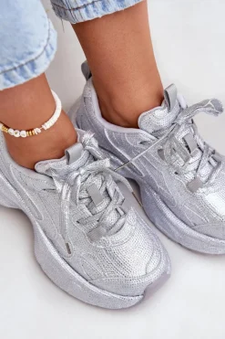 Sneakersy Damskie Zdobione Cyrkoniami Srebrne Porrot