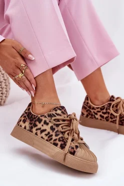 Sneakersy Damskie Ze Zdobieniem Na Platformie Panterka Brązowe Eanneth