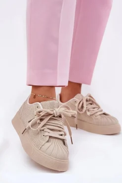 Sneakersy Damskie Ze Zdobieniem Na Platformie Beżowe Eanneth