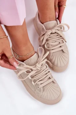 Sneakersy Damskie Ze Zdobieniem Na Platformie Beżowe Eanneth