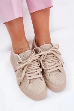 Sneakersy Damskie Ze Zdobieniem Na Platformie Beżowe Eanneth