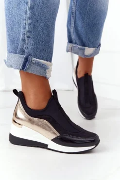 Sneakersy Na Koturnie Czarno-Złote City Beat