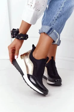 Sneakersy Na Koturnie Czarno-Złote City Beat