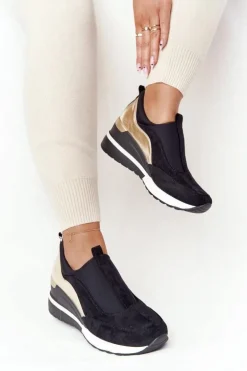Sneakersy Na Koturnie Wsuwane Vinceza 10593 Czarno-Złote