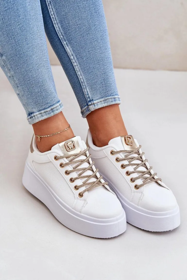 Sneakersy Na Platformie Z Ozdobnymi Sznurówkami Biało-Złote Fonetha