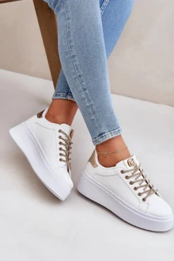 Sneakersy Na Platformie Z Ozdobnymi Sznurówkami Biało-Złote Fonetha