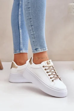 Sneakersy Na Platformie Z Ozdobnymi Sznurówkami Biało-Złote Fonetha