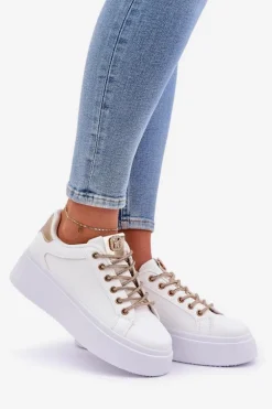 Sneakersy Na Platformie Z Ozdobnymi Sznurówkami Biało-Złote Fonetha