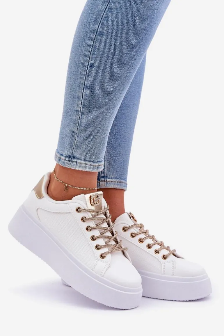 Sneakersy Na Platformie Z Ozdobnymi Sznurówkami Biało-Złote Fonetha