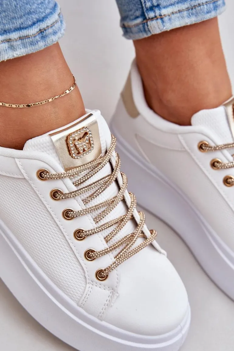 Sneakersy Na Platformie Z Ozdobnymi Sznurówkami Biało-Złote Fonetha