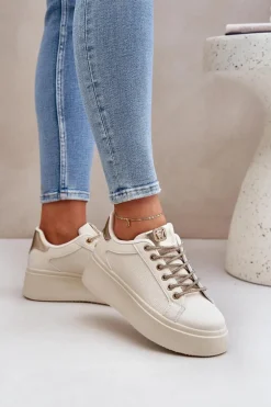 Sneakersy Na Platformie Z Ozdobnymi Sznurówkami Beżowe Fonetha