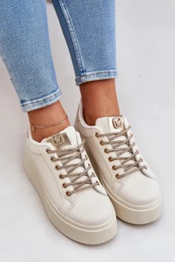 Sneakersy Na Platformie Z Ozdobnymi Sznurówkami Beżowe Fonetha