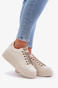 Sneakersy Na Platformie Z Ozdobnymi Sznurówkami Beżowe Fonetha