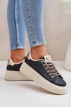 Sneakersy Na Platformie Z Ozdobnymi Sznurówkami Czarne Fonetha