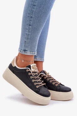 Sneakersy Na Platformie Z Ozdobnymi Sznurówkami Czarne Fonetha
