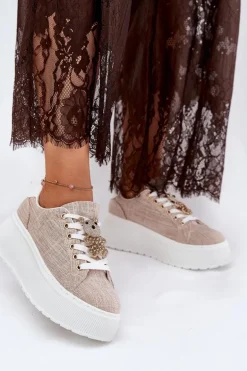 Sneakersy Na Platformie Z Przypinką Miś S.Barski BF51-014 Beżowe