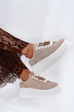 Sneakersy Na Platformie Z Przypinką Miś S.Barski BF51-014 Beżowe
