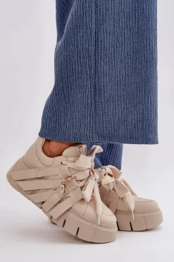 Sneakersy Skórzane Damskie Na Platformie Beżowe CheBello 4568