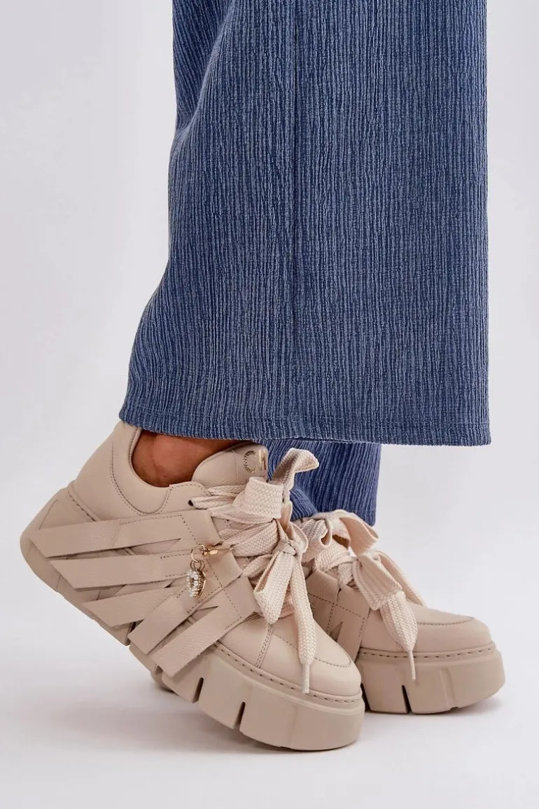 Sneakersy Skórzane Damskie Na Platformie Beżowe CheBello 4568