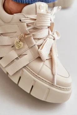Sneakersy Skórzane Damskie Na Platformie Beżowe CheBello 4568