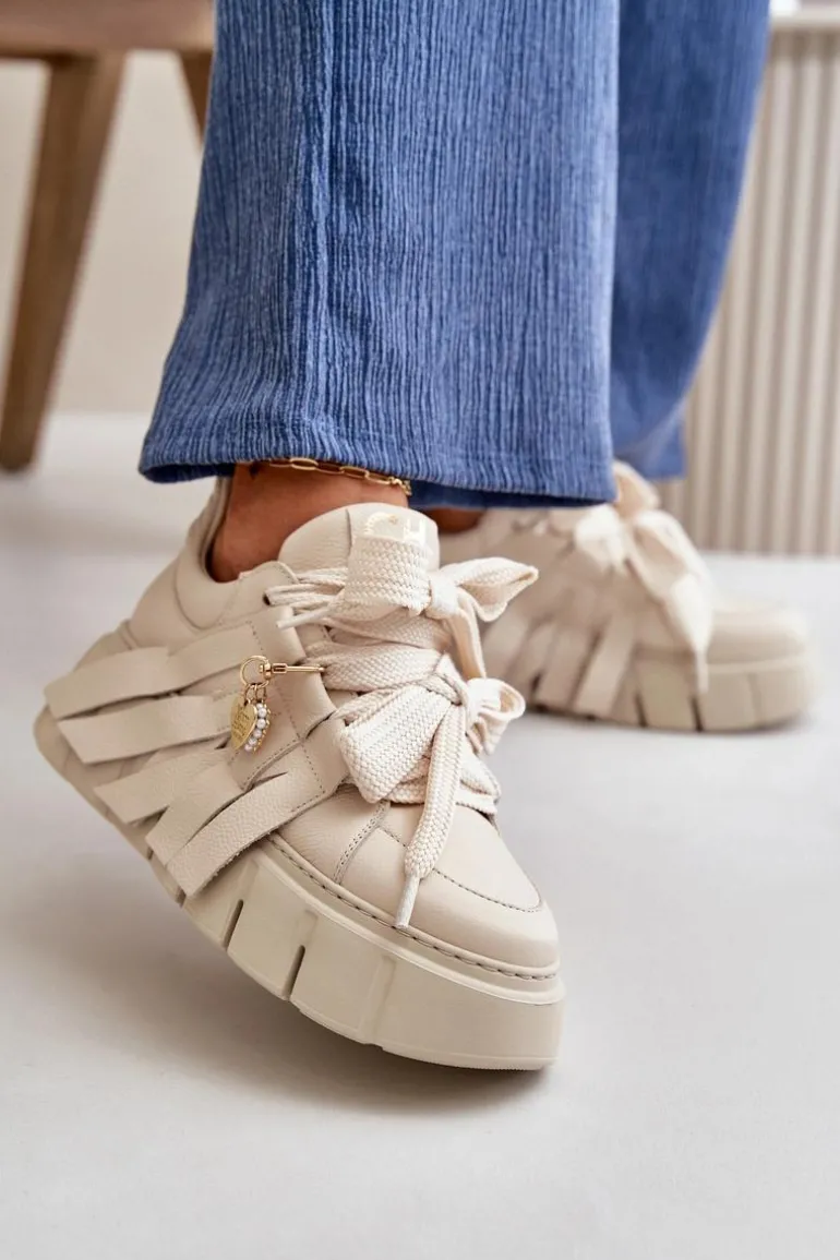 Sneakersy Skórzane Damskie Na Platformie Beżowe CheBello 4568