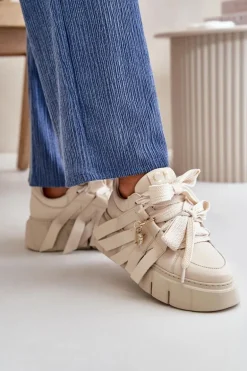 Sneakersy Skórzane Damskie Na Platformie Beżowe CheBello 4568