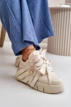 Sneakersy Skórzane Damskie Na Platformie Beżowe CheBello 4568