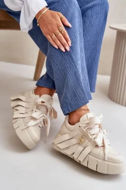 Sneakersy Skórzane Damskie Na Platformie Beżowe CheBello 4568