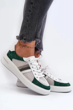 Sneakersy Skórzane Damskie D&A LR110 Zielono-Białe