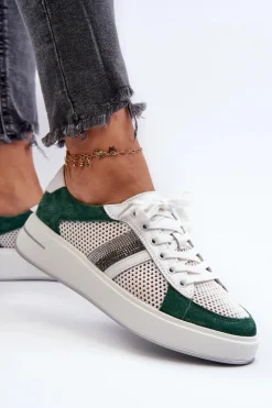 Sneakersy Skórzane Damskie D&A LR110 Zielono-Białe