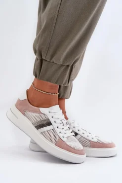 Sneakersy Skórzane Damskie D&A LR110 Biało-Różowe