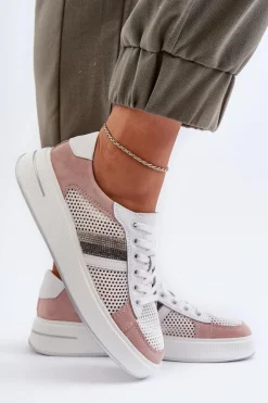 Sneakersy Skórzane Damskie D&A LR110 Biało-Różowe