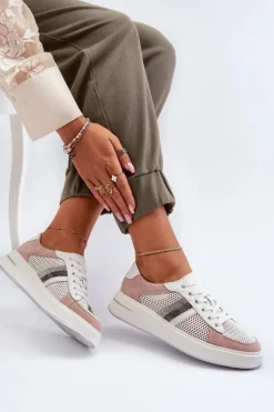 Sneakersy Skórzane Damskie D&A LR110 Biało-Różowe