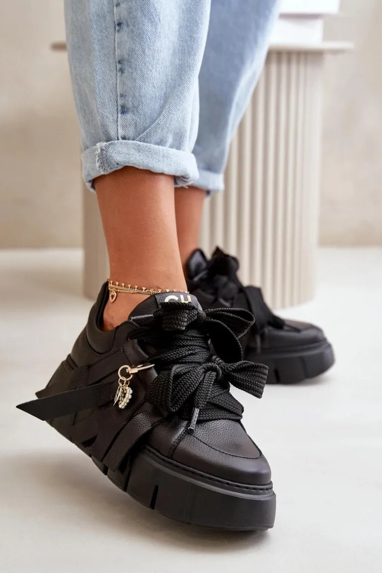 Sneakersy Skórzane Damskie Na Platformie Czarne CheBello 4568