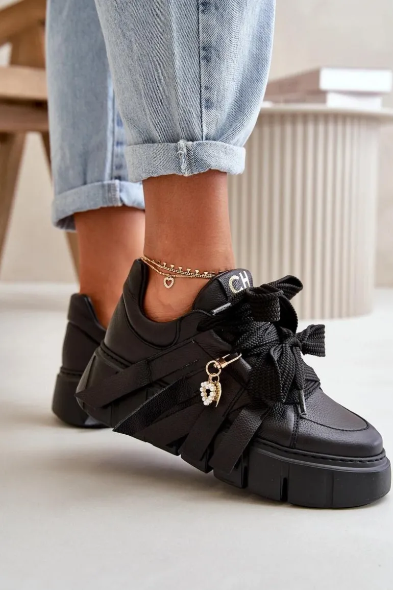 Sneakersy Skórzane Damskie Na Platformie Czarne CheBello 4568