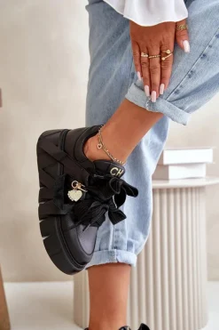 Sneakersy Skórzane Damskie Na Platformie Czarne CheBello 4568