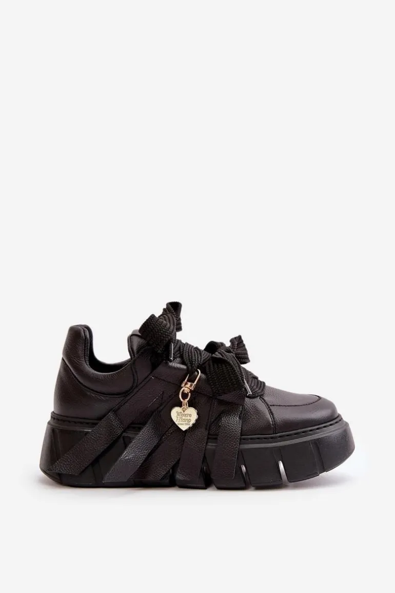 Sneakersy Skórzane Damskie Na Platformie Czarne CheBello 4568