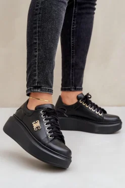 Sneakersy Ze Skóry Naturalnej Na Platformie Złota Ozdoba Lewski 3428 Czarne