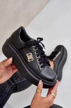 Sneakersy Ze Skóry Naturalnej Na Platformie Złota Ozdoba Lewski 3428 Czarne
