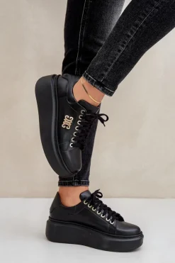 Sneakersy Ze Skóry Naturalnej Na Platformie Złota Ozdoba Lewski 3428 Czarne