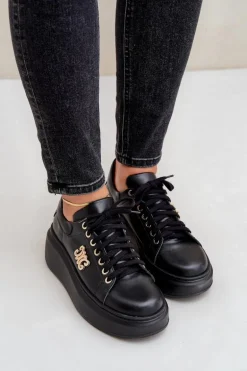 Sneakersy Ze Skóry Naturalnej Na Platformie Złota Ozdoba Lewski 3428 Czarne