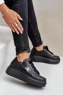 Sneakersy Ze Skóry Naturalnej Na Platformie Złota Ozdoba Lewski 3428 Czarne