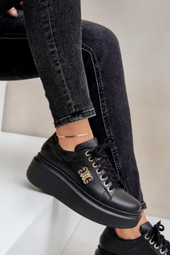 Sneakersy Ze Skóry Naturalnej Na Platformie Złota Ozdoba Lewski 3428 Czarne