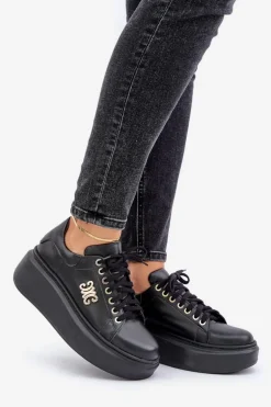 Sneakersy Ze Skóry Naturalnej Na Platformie Złota Ozdoba Lewski 3428 Czarne
