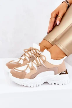 Sportowe Buty Sneakersy Skarpetkowe Beżowo-Białe Colleen